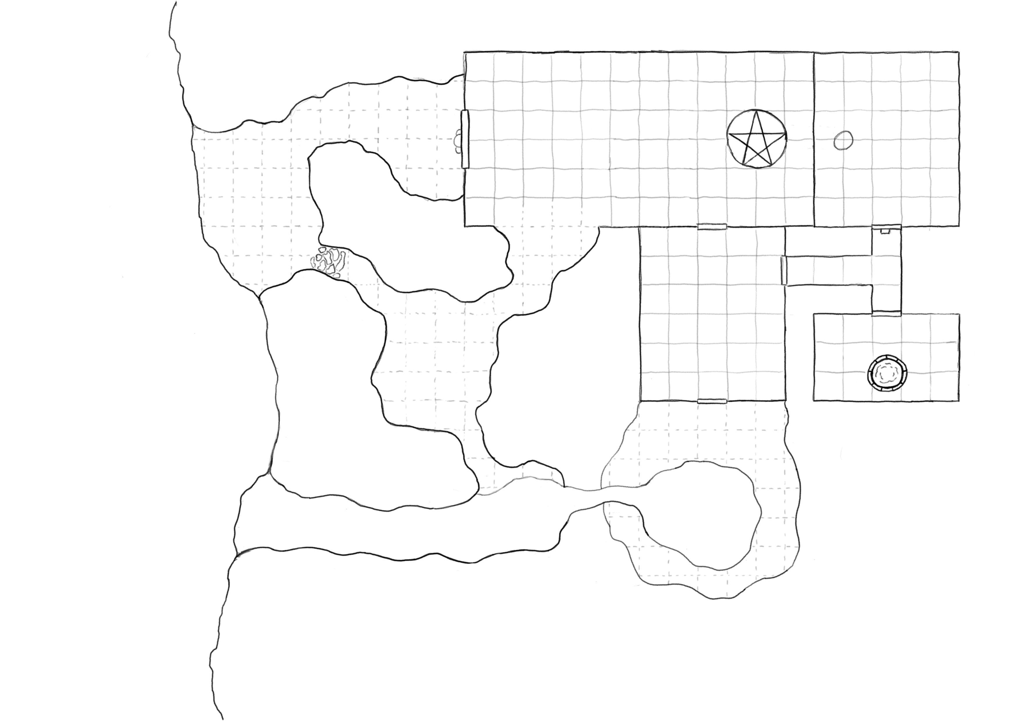 Unfinished dungeon map with hand drawn grid lines