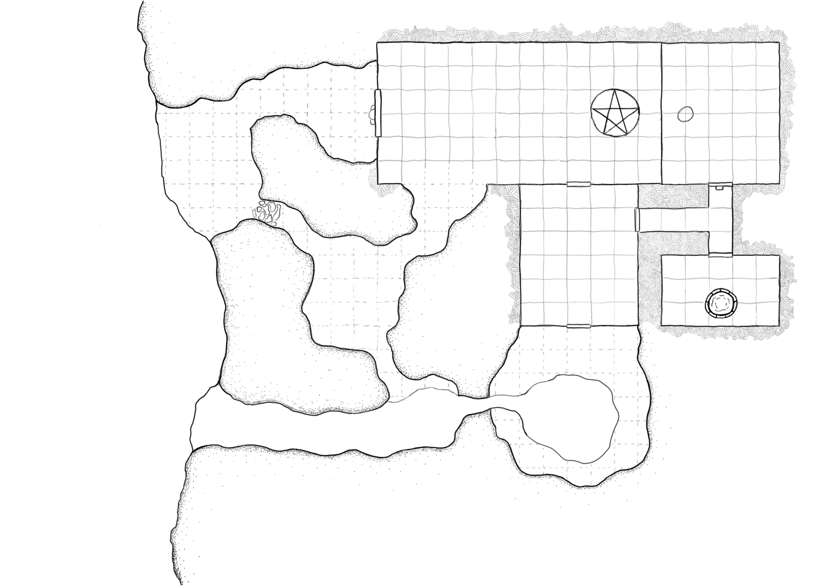Unfinished dungeon map with hatching and stippling textures